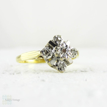 Vintage Diamond Engagement Ring, 5 Stone 1970s Diamond Ring Set in Geometric Shape, 18 Carat White & Yellow Gold.