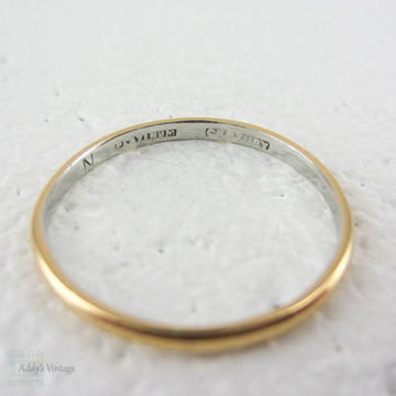 Antique Wedding Band in 22 Carat Gold & Platinum. Very Narrow D Profile Wedding Band, Marked Century, Circa 1900s.Size N / 6.75.