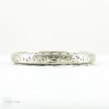 Engraved White Gold Wedding Ring by Belais. Vintage Art Deco Scroll Design Ring with Wheat Engraving on Sides, Circa 1930s. Size I / 4.3.