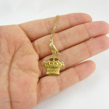 Antique Bird & Crown Pendant, 15 Carat Gold Pendant with Bird Sitting on Crown on 9 Karat Gold Chain, Circa 1910s.