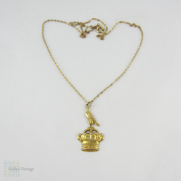 Antique Bird & Crown Pendant, 15 Carat Gold Pendant with Bird Sitting on Crown on 9 Karat Gold Chain, Circa 1910s.