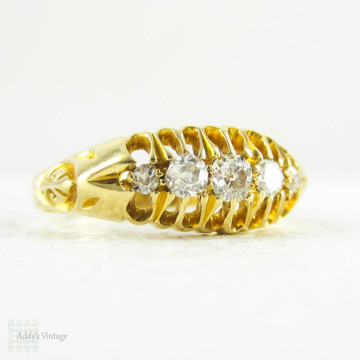 Antique 5 Stone Diamond Ring, Old Mine Cut Diamonds Set in 18 Carat Yellow Gold Engraved Gypsy Style Setting, Dated 1908.