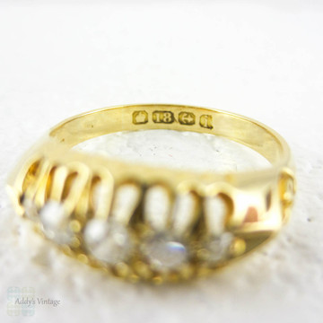 Antique 5 Stone Diamond Ring, Old Mine Cut Diamonds Set in 18 Carat Yellow Gold Engraved Gypsy Style Setting, Dated 1908.