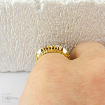 Antique 5 Stone Diamond Ring, Old Mine Cut Diamonds Set in 18 Carat Yellow Gold Engraved Gypsy Style Setting, Dated 1908.