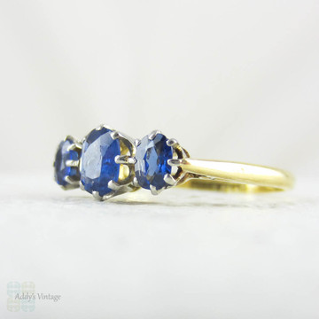 Antique Sapphire Engagement Ring, Three Stone Oval Cut Blue Sapphire Engagement Ring. Yellow Gold & Platinum, Circa 1900s.