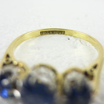 Antique Sapphire Engagement Ring, Three Stone Oval Cut Blue Sapphire Engagement Ring. Yellow Gold & Platinum, Circa 1900s.