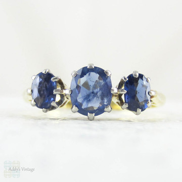 Antique Sapphire Engagement Ring, Three Stone Oval Cut Blue Sapphire Engagement Ring. Yellow Gold & Platinum, Circa 1900s.