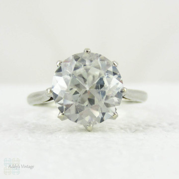 Vintage White Topaz Solitaire Ring, Large Single Stone Engagement Ring in 9 Carat White Gold Rex Crown Setting, Circa 1940s.