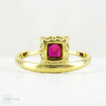 Art Deco Ruby Engagement Ring with Diamond Halo, Circa 1920s Square Cut Ruby with Scalloped Edge Halo in 18 Carat & Platinum.