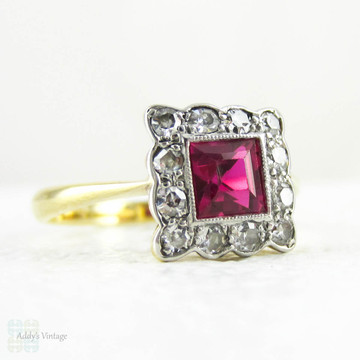 Art Deco Ruby Engagement Ring with Diamond Halo, Circa 1920s Square Cut Ruby with Scalloped Edge Halo in 18 Carat & Platinum.