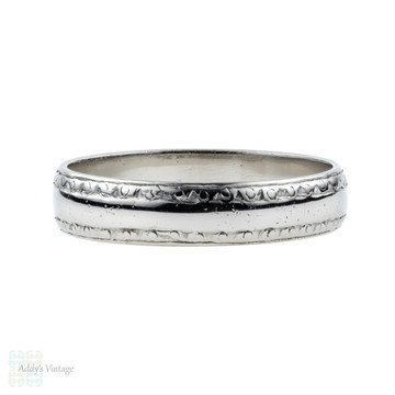 1930s Engraved Platinum Wedding Ring, Wide Wedding Band by Charles Green & Son. Size L / 6.