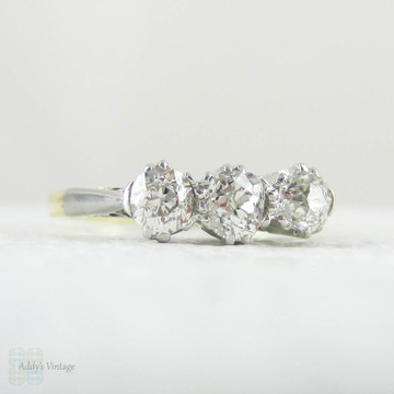 Deposit. Victorian Old Mine Cut Trilogy Ring, Engagement Ring set with Three Antique Diamonds in 18 Carat Gold and Platinum.
