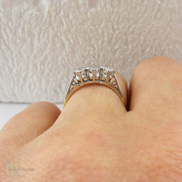 Deposit. Victorian Old Mine Cut Trilogy Ring, Engagement Ring set with Three Antique Diamonds in 18 Carat Gold and Platinum.