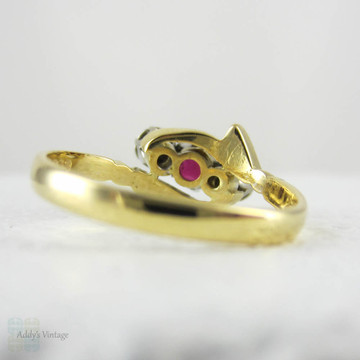 Vintage Ruby & Diamond Engagement Ring, Trilogy Ring in Bypass Twist Style. Engraved Leaf Design Setting, 18 Carat Gold, Circa 1960s.