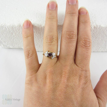 Vintage Ruby & Diamond Engagement Ring, Trilogy Ring in Bypass Twist Style. Engraved Leaf Design Setting, 18 Carat Gold, Circa 1960s.