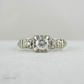 White Gold Diamond Engagement Ring, Late Art Deco Classic Three Stone Diamond Ring in Pretty, Delicate Setting, Circa 1940s.