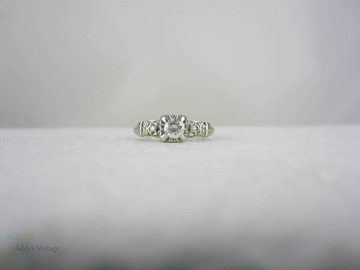 White Gold Diamond Engagement Ring, Late Art Deco Classic Three Stone Diamond Ring in Pretty, Delicate Setting, Circa 1940s.