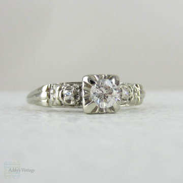 White Gold Diamond Engagement Ring, Late Art Deco Classic Three Stone Diamond Ring in Pretty, Delicate Setting, Circa 1940s.