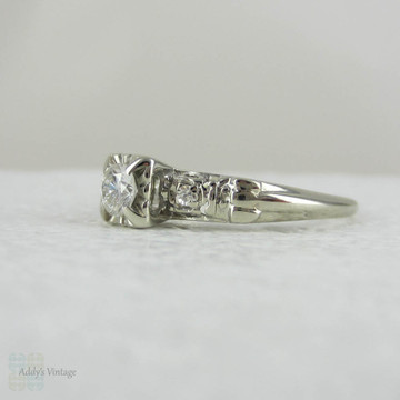 White Gold Diamond Engagement Ring, Late Art Deco Classic Three Stone Diamond Ring in Pretty, Delicate Setting, Circa 1940s.