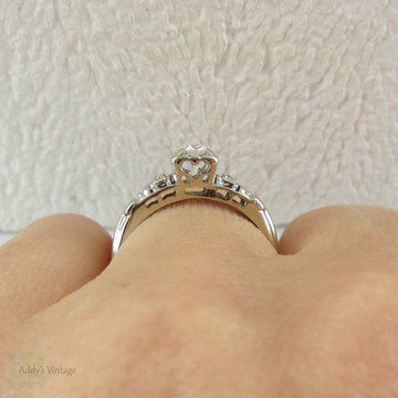 White Gold Diamond Engagement Ring, Late Art Deco Classic Three Stone Diamond Ring in Pretty, Delicate Setting, Circa 1940s.