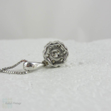 Vintage Diamond Cluster Pendant. Round Brilliant Cut Diamonds in Halo Style White Gold Pendant.