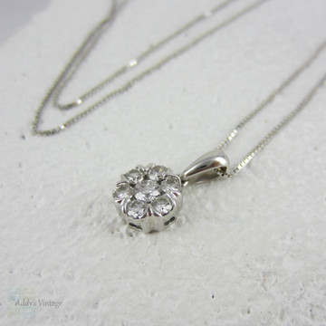 Vintage Diamond Cluster Pendant. Round Brilliant Cut Diamonds in Halo Style White Gold Pendant.