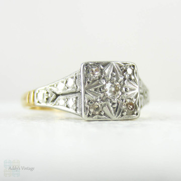 Art Deco Pave Set Diamond Engagement Ring, Square Top Cluster Ring in Star Design with Milgrain Beading in 18 Carat Gold, Platinum.