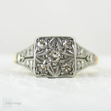 Art Deco Pave Set Diamond Engagement Ring, Square Top Cluster Ring in Star Design with Milgrain Beading in 18 Carat Gold, Platinum.