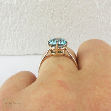 Blue Zircon Solitaire Ring in 9 Carat Rose Gold, Vintage Blue Zircon Single Stone Ring in Simple Narrow Band Ring.