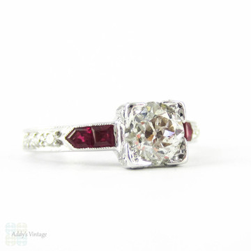 RESERVED. Old European Cut Diamond Engagement Ring with Square Cut Ruby & Round Brilliant Diamond Accents. Circa 1930s, 18ct