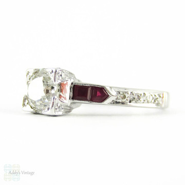 RESERVED. Old European Cut Diamond Engagement Ring with Square Cut Ruby & Round Brilliant Diamond Accents. Circa 1930s, 18ct