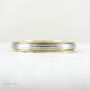 Vintage Two-Tone Gold Wedding Ring by Lohengrin. 18 Carat Yellow & 14 Karat White Gold in Ridged & Beaded Design. Size J / 5.