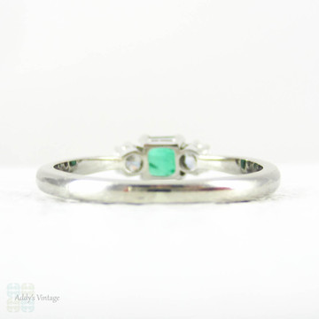 Vintage Emerald & Diamond Three Stone Engagement Ring in 18 Carat White Gold and Platinum, Circa 1940s. 