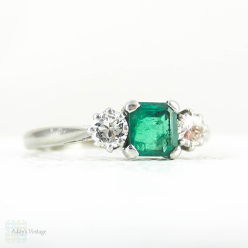 Vintage Emerald & Diamond Three Stone Engagement Ring in 18 Carat White Gold and Platinum, Circa 1940s. 
