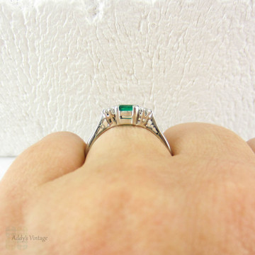 Vintage Emerald & Diamond Three Stone Engagement Ring in 18 Carat White Gold and Platinum, Circa 1940s. 