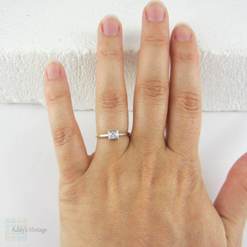 Art Deco Diamond Engagement Ring, Old European Cut Solitaire in Bold Square Setting. 18 Carat Gold, Platinum, Circa 1920s.
