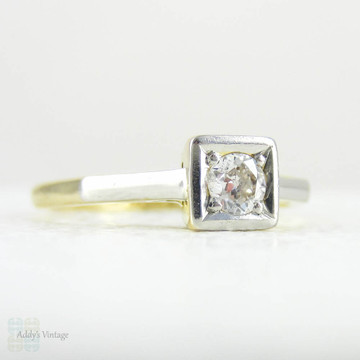 Art Deco Diamond Engagement Ring, Old European Cut Solitaire in Bold Square Setting. 18 Carat Gold, Platinum, Circa 1920s.