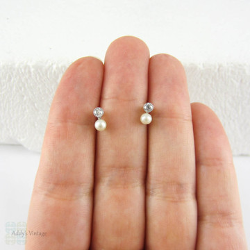 Vintage Diamond & Cultured Pearl Stud Earrings, Old European Cut Diamonds and White Pearls, 14 Carat Gold & Platinum.