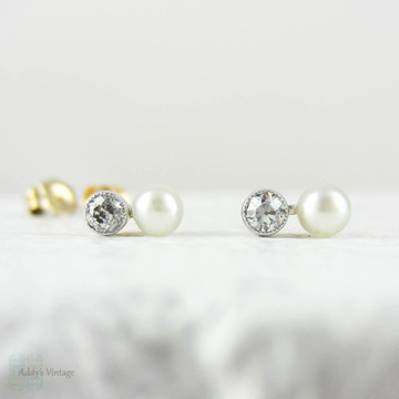 Vintage Diamond & Cultured Pearl Stud Earrings, Old European Cut Diamonds and White Pearls, 14 Carat Gold & Platinum.