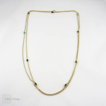 Victorian Long Guard Chain, 9 Carat Yellow Gold & Turquoise Necklace. Turquoise Inset Station Chain. 131 cm / 51.5 inches, 16.7 grams. 
