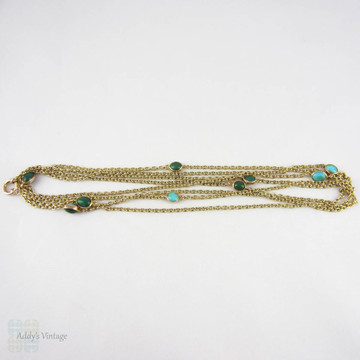 Victorian Long Guard Chain, 9 Carat Yellow Gold & Turquoise Necklace. Turquoise Inset Station Chain. 131 cm / 51.5 inches, 16.7 grams. 