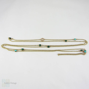 Victorian Long Guard Chain, 9 Carat Yellow Gold & Turquoise Necklace. Turquoise Inset Station Chain. 131 cm / 51.5 inches, 16.7 grams. 