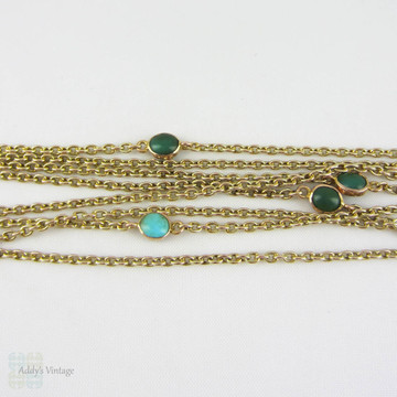Victorian Long Guard Chain, 9 Carat Yellow Gold & Turquoise Necklace. Turquoise Inset Station Chain. 131 cm / 51.5 inches, 16.7 grams. 
