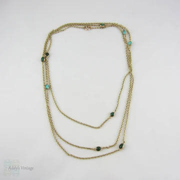 Victorian Long Guard Chain, 9 Carat Yellow Gold & Turquoise Necklace. Turquoise Inset Station Chain. 131 cm / 51.5 inches, 16.7 grams. 