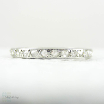 French Art Deco Platinum Eternity Ring, Rose Cut Diamond Full Hoop Pave Set Wedding Band. Circa 1920s, Size L / 5.75.