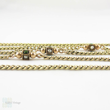 Victorian 9 Carat Gold Chain Necklace with Turquoise & Seed Pearls. Curb Link Chain with Square Turquoise & Seed Pearl Stations, Circa 1880s.