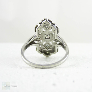 Art Deco Platinum Diamond Dress Ring, Diamond Cocktail Dinner Ring. Geometric Square Design, Pierced & Engraved Details, Circa 1930s.