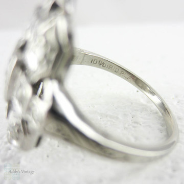 Art Deco Platinum Diamond Dress Ring, Diamond Cocktail Dinner Ring. Geometric Square Design, Pierced & Engraved Details, Circa 1930s.