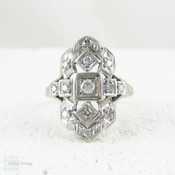 Art Deco Platinum Diamond Dress Ring, Diamond Cocktail Dinner Ring. Geometric Square Design, Pierced & Engraved Details, Circa 1930s.