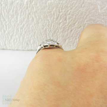 Art Deco Platinum Diamond Dress Ring, Diamond Cocktail Dinner Ring. Geometric Square Design, Pierced & Engraved Details, Circa 1930s.